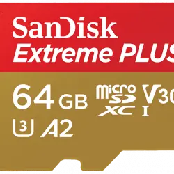 Tarjeta Micro SDXC - SanDisk Extreme® PLUS, 64 GB, Lectura hasta 200 MB/s, UHS-I, U3, C10, A2, V30, Multicolor