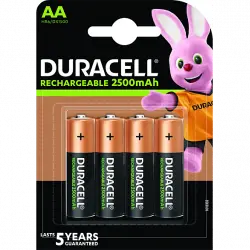 Pilas recargables - Duracell AA, 4 unidades, 2500 mAh LR06 / LR6, Negro