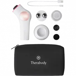 Pistola de masaje - Therabody TheraFace PRO TF02222-01, Facial, LED Ring, Pantalla OLED, USB, 3 Cabezales, Blanco