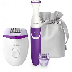 Depiladora - BRP505/00 Philips Satinelle Essential + Perfilador Zona Bikini, 2 Velocidades, Con cable, Blanco y Violeta