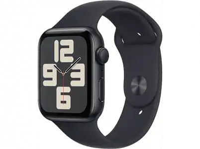 APPLE Watch SE (2023), GPS, 44 mm, Caja de aluminio medianoche, Vidrio delantero Ion-X, Talla M/L, Correa deportiva medianoche