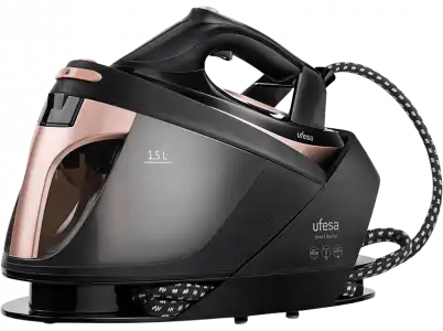 Centro de planchado - Ufesa PL2430 Smart Digital, 2600 W, 1.5 l, 7 bar, Suela cerámica VaporGlide, Negro/Rosa