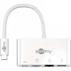 Goobay Hub USB-C/USB 3.0/RJ45/HDMI a USB-C Hembra/Macho 0.15m Blanco