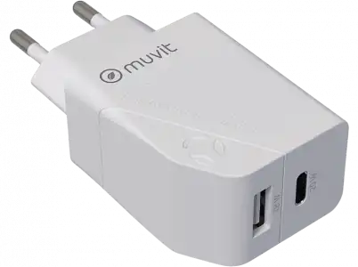 Cargador - muvit MCACC0013, USB-A, USB-C, 20W, Blanco