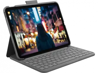 Funda con teclado - Logitech Slim Folio, para iPad (10.ª generación), Bluetooth, Resistente a golpes, Teclas de accceso directo, Gris