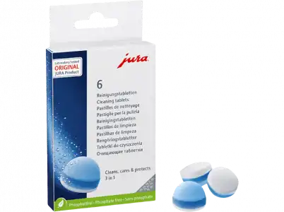 Pastillas de limpieza - Jura 24225, 3 En 1, Pack 6 pastillas, Compatibles con cafeteras Jura, Blanco/Azul