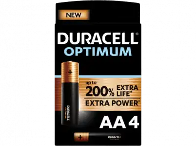 Pilas AA - Duracell Optimum, 4 Unidades, 1.5 V LR6 / MX1500, Negro