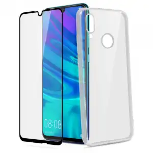 Avizar Funda de Silicona Transparente + Cristal Templado Bordes Negros para Huawei P Smart 2019