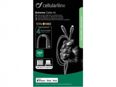 Cable USB - CellularLine TETRACABC2LMFI2MK, De USB-C a Lightning, 2 m, Negro