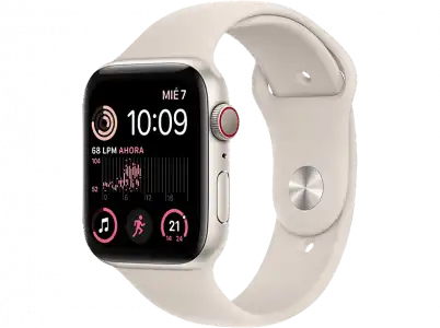 APPLE Watch SE (2022), GPS+CELL, 44 mm, Caja de aluminio, Vidrio delantero Ion-X, Correa deportiva blanco estrella