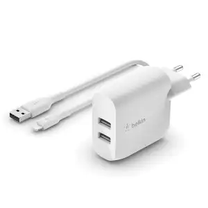 Belkin - Cargador De Pared Doble USB-A 24 W + Cable Lightning A USB-A