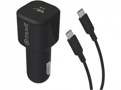 Cargador USB para coche - Muvit MCPAK0046, USB-C, Universal, 20W, 3A, Negro + Cable USB-C