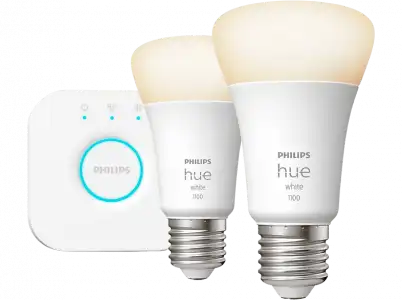 Kit bombillas Bluetooth - Inicio Hue Bridge + 2 Bombillas inteligentes E27 Philips Hue, 9.5W 1100 lm, Luz Cálida regulable