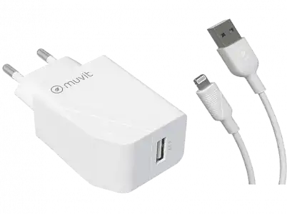 Cargador - Muvit MCPAK0001, USB-A, Lightning, Carga rápida, 12W, 3A, Blanco