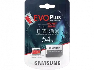 Tarjeta MicroSD - Samsung EVO Plus 64 GB, 100MB/s lectura, 20 MB/s escritura, Clase 10, Rojo