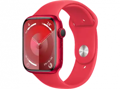 Apple Watch Series 9 (2023), GPS, 45 mm, Gesto de doble toque, Caja aluminio roja, Correa deportiva (PRODUCT)RED, Talla S/M