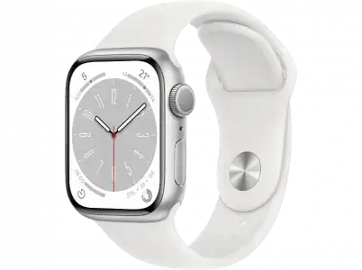 APPLE Watch Series 8 (2022), GPS, 41 mm, Caja de aluminio, Vidrio delantero Ion-X, Correa deportiva plata