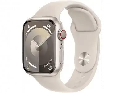 Apple Watch Series 9 (2023), GPS+CELL, 41 mm, Gesto de doble toque, Caja aluminio blanco estrella, Correa deportiva Talla S/M