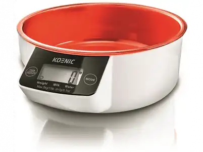 Balanza de cocina - Koenic KSS 3220, Hasta 5 kg, Función tara, Forma bol, Gris/Rojo