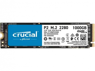 Disco Duro SSD 1 TB - Crucial P2 CT1000P2SSD8, NVMe(PCIe Gen3x4), Lectura 2400 MB/s, Escritura 1800 Azul