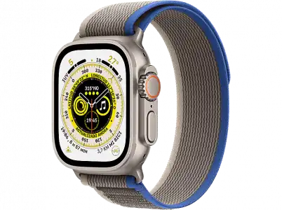 APPLE Watch Ultra (2022), GPS + Cellular, 49 mm, Caja de titanio, Cristal zafiro, Correa Loop Trail en Talla S/M color Azul/Gris