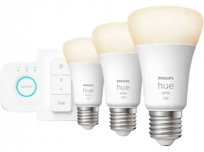 Kit bombillas Bluetooth - Philips Hue Bridge + 3 Bombillas inteligentes E27 9.5W 1100 lm, Luz Cálida regulable y Regulador