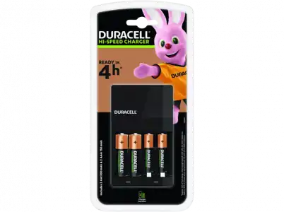 Pilas recargables con cargador - Duracell CEF14 (4 AA 1300), 4 Pilas, 1 unidad, Negro