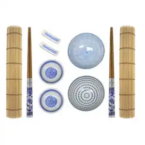Sushi Kit Completo Para 2 Personas, Palillos Chinos, Esterillas, Accesorios Porcelana Azul, Set 10.