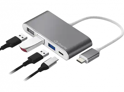 Hub USB - SilverHT Logan USB-C 4 en 1, 1x USB-C, 3x USB-A, Aluminio, ABS, Gris