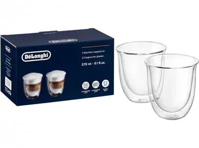 Set de tazas - De'Longhi DLSC311, Juego 2 vasos Cappuccino, Vidrio doble, Transparente, 270ml