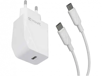 Cargador - Muvit MCPAK0044, USB-C a USB-C, Universal, 1 m, 20W, Blanco