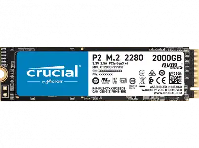 Disco duro SSD 2 TB - Crucial CT2000P2SSD8, PCIe NVMe Gen 3, 2400 MB/s lectura, 1900 escritura, Negro