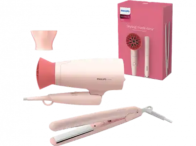 Secador - Philips BHP398/00, Set de secador y plancha, 1600 W, Accesorio ThermoProtect, Placas con queratina, Rosa