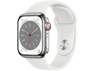 APPLE Watch Series 8 (2022), GPS+CELL, 41 mm, Caja de acero inoxidable, Vidrio delantero Ion-X, Correa deportiva plata