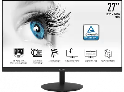 Monitor - MSI PRO MP271, 27" FHD+, 5 ms, 75 Hz, IPS, Anti-Flicker, Compatible con VESA, Negro