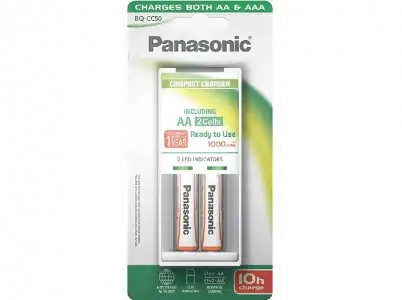 Pilas recargables con cargador - Panasonic, 2 pilas AA para y AAA