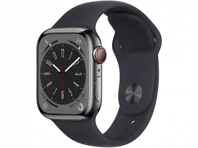 Apple Watch Series 8 (2022), GPS+CELL, 41 mm, Caja de acero inoxidable, Vidrio delantero Ion-X, Correa deportiva graphito