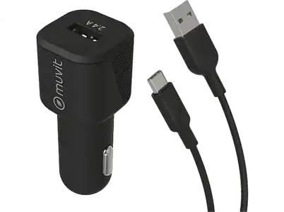 Cargador USB para coche - Muvit MCPAK0015, USB-A, USB-C, Universal, 12W, 1.2 m, 2.4A, Negro