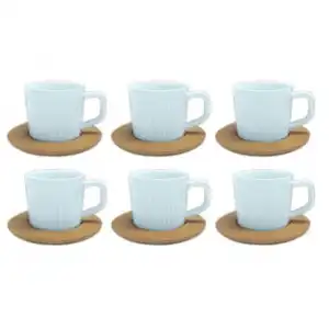 Hogar Y Mas Juego De Café Natura Azul Claro Moderno, 6 Tazas Con Platos De Bambú. Tazas De Café 6 Unidades, 100 Ml