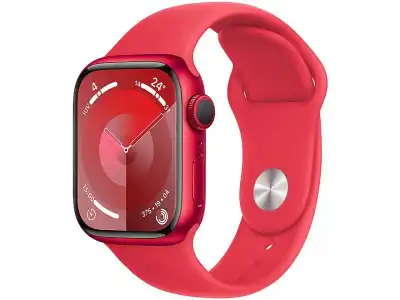 Apple Watch Series 9 (2023), GPS, 41 mm, Gesto de doble toque, Caja aluminio roja, Correa deportiva (PRODUCT)RED, Talla S/M