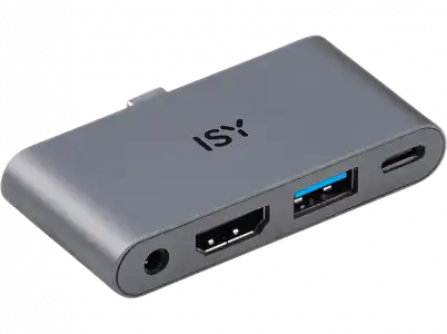 Hub - ISY IAD-1019, Entrada USB-C, Salidas USB-A/ HDMI 2.0, Conexión de audio, Aluminio, Plata