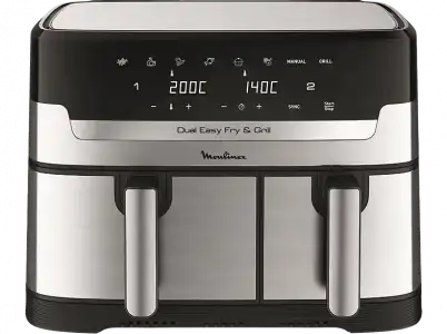 Freidora de aire - Moulinex Dual Fry & Grill EZ905D, Cocinado Dual, 2 Cubetas, 2700W, 8.3 L, 200 °C, Tecnol. Extra-Crisp, Grill, 8 Modos, Táctil, Inox