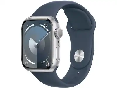 Apple Watch Series 9 (2023), GPS, 41 mm, Gesto de doble toque, Caja aluminio plata, Correa deportiva azul tempestad, Talla S/M