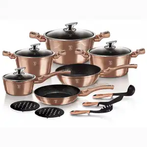 Berlinger Haus Rose Gold Batería Cocina Inducción 15 Piezas, Antiadherente Titanio Sin Pfoa Oro Rosado