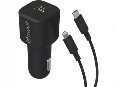 Cargador USB para coche - Muvit MCPAK0045, Lightning, USB-C, Universal, 20W, 2.4A, Negro + Cable USB-C