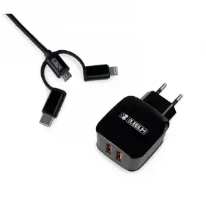 Subblim Cargador 2xUSB 2.4A + Cable 3 en 1 MicroUSB/USB-C/Lightning Negro