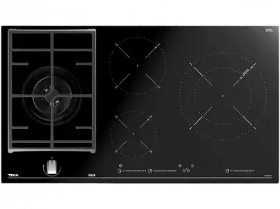 Placa híbrida - Teka JZC 94313 ABN, Inducción + Gas, 4 zonas, Zona grande 28 cm, Gas natural, 90 Negro