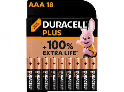 Pilas AAA - Duracell PLUS MN2400 LR03 / LR3, Alcalinas , 1.5 V, Paquete de 18 pilas, Negro