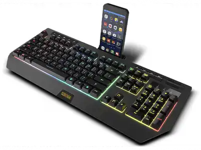 Teclado gaming - Krom Kuma, USB, Retroiluminado, Soporte para móvil, QWERTY, 1.5m, Anti-ghosting, Negro