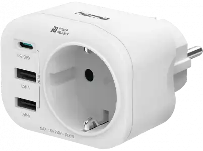 Adaptador de corriente - Hama 00223342, 4 entradas, 1 USB C, 2 -A, Contacto conexión a tierra, 20 W, Blanco